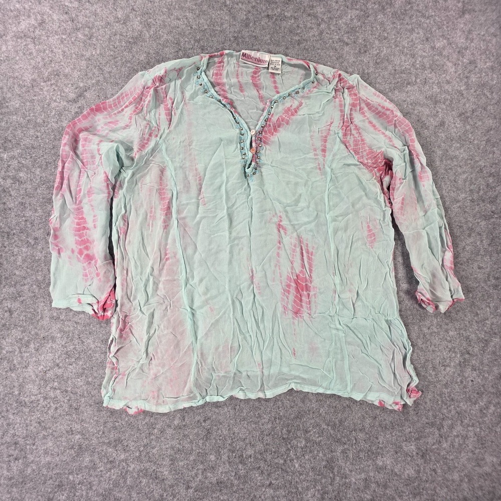 Millenium Vintage Boho Tunic Blouse 1X Beaded Neckline Blue See through Top